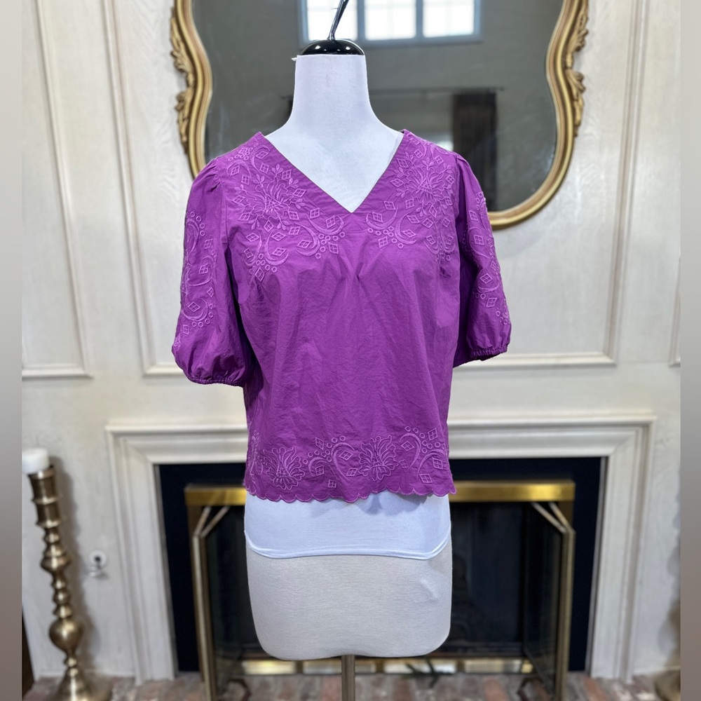 Talbots Embroidered Cotton Blouse Large Petite‎ Purple Cottagecore Boho Feminine